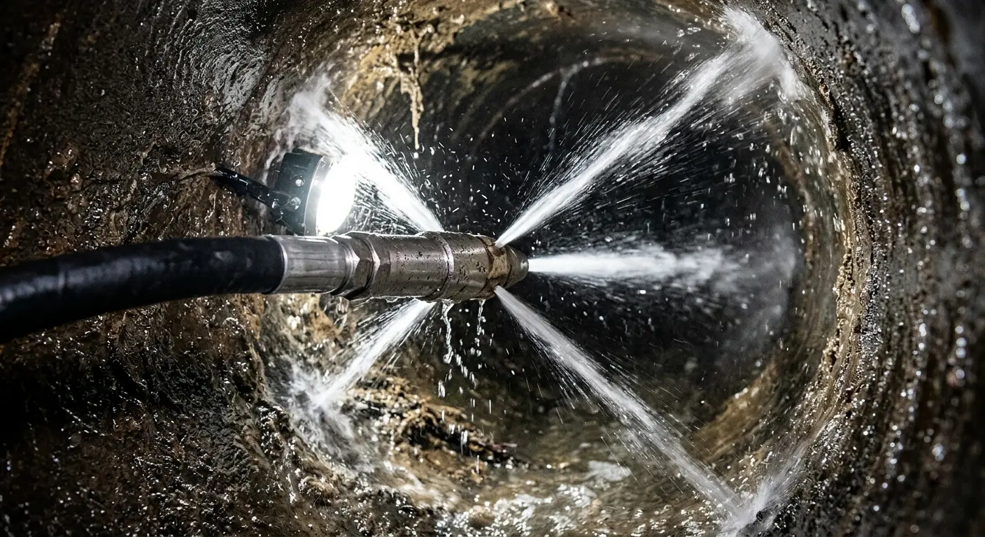 High-pressure hydro jetting nozzle cleaning sewer pipe for Sewer Cleanout in Hobart