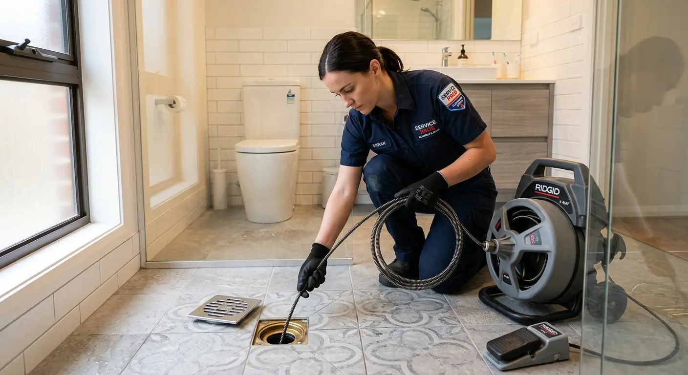 Technician clearing a bathroom floor drain for Drain Cleaning in Hobart